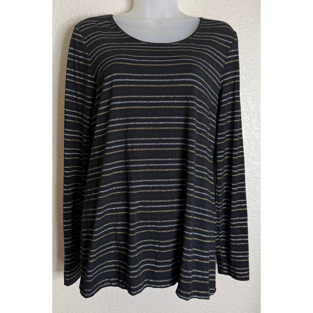 Chicos 1 US Medium Top Black Metallic Gold Silver Striped Long Sleeve Crew Neck